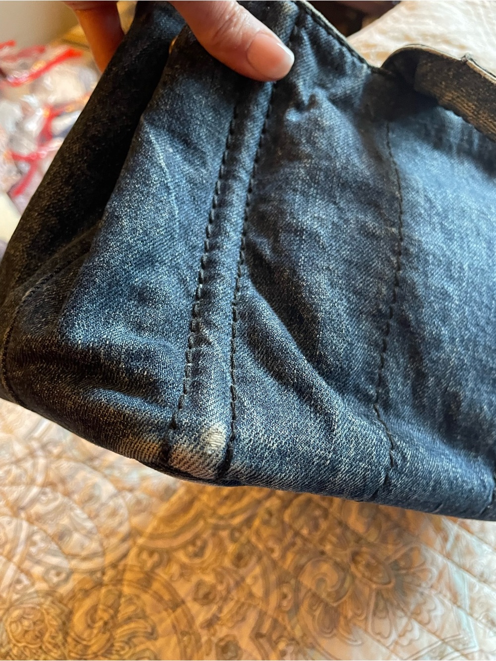 Prada Distressed Denim Canapa Tote Bag - Small Dark Blue with Black Logo - Picture 10 of 14